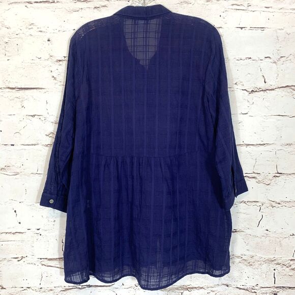J Jill Navy Blue Sheer Plaid Button Front Tunic Top Medium 3/4 Sleeve Blouse - Picture 2 of 6